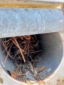 Bird nest blocking the exterior dryer vent, restricting airflow and creating a potential fire hazard.